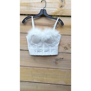 White Faux Feather Trim Bustier Corset Crop Top Adjustable Straps Size Large